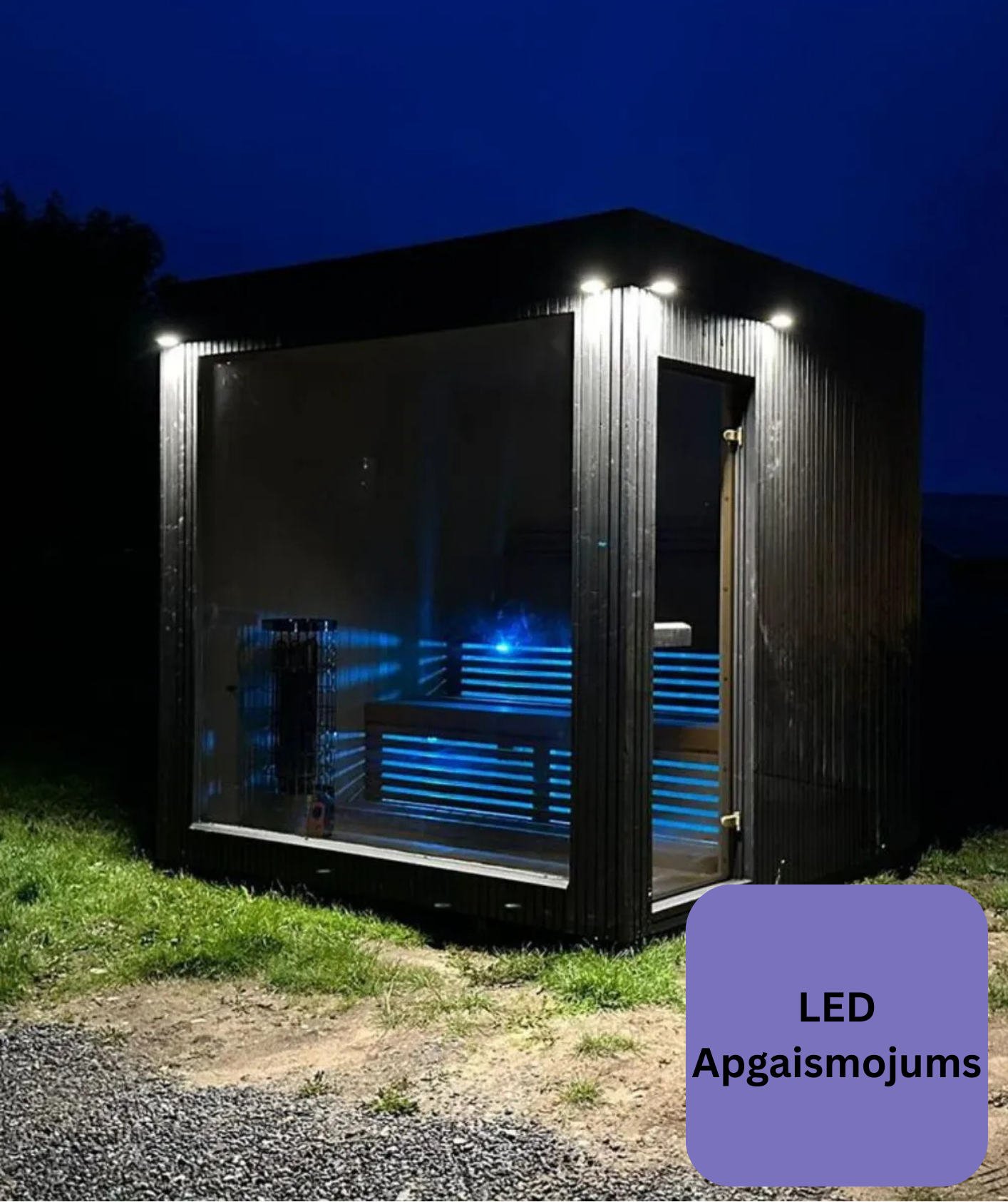 Siltinātas saunas dažādos izmēros un komplektācijās. Sauna ir aprīkota ar elektrisko apkures krāsni un LED apgaismojumu. Sauna ir melnā krāsā.